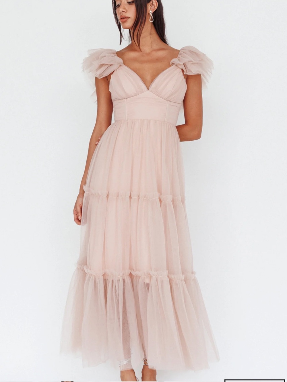 NWT Selfie Leslie XS Amal Ruffle Shoulder Tulle Midi Dress Nude Blush Pink